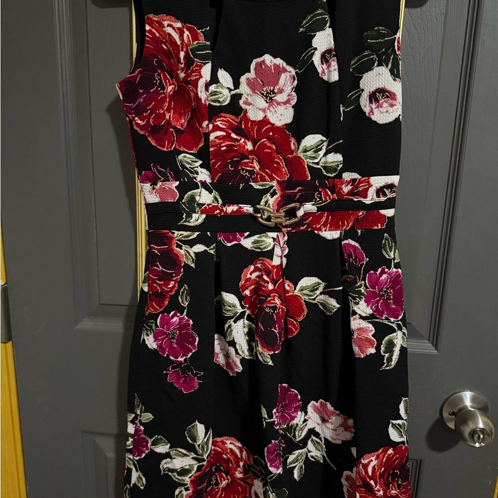 Enfocus Studio Black and Pink Floral Belted Dress